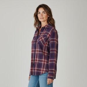 TAKARA ladies plaid long sleeve 100% cotton shirt, crochet back excellent cond L